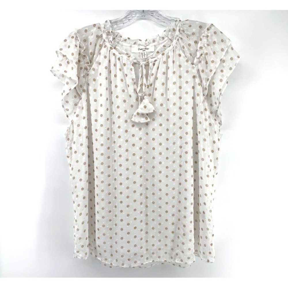 Harper & Blair Sheer Polka Dot Ivory Blouse Sz XL Ruffle Tie Romantic Feminine